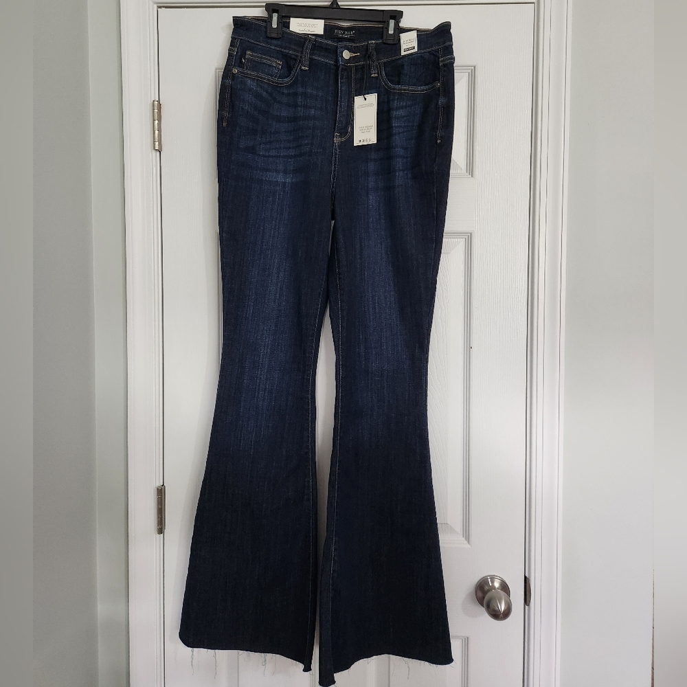 Judy Blue Dark Rinse High Waist Raw Hem Flare Jeans (NWT)